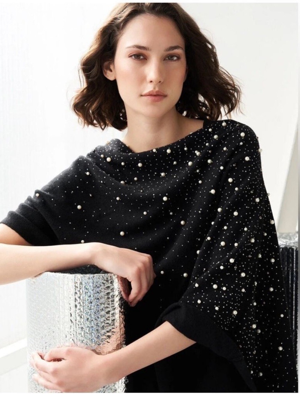 MING WANG
Pearl Beaded Poncho - Soft Cashmere, Black - 0S NWT $335
